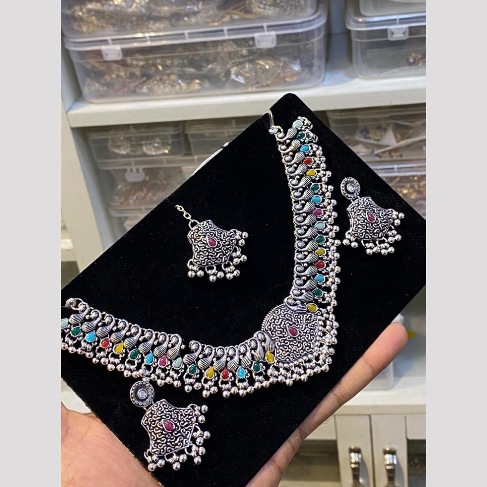Hira Collections Stylish Oxidised Pota And Pearl Necklace Set