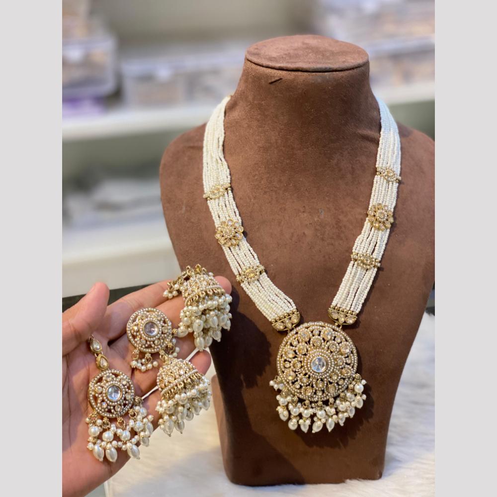 Hira Collections Classic Crystal Stone And Pearl Long Necklace Set