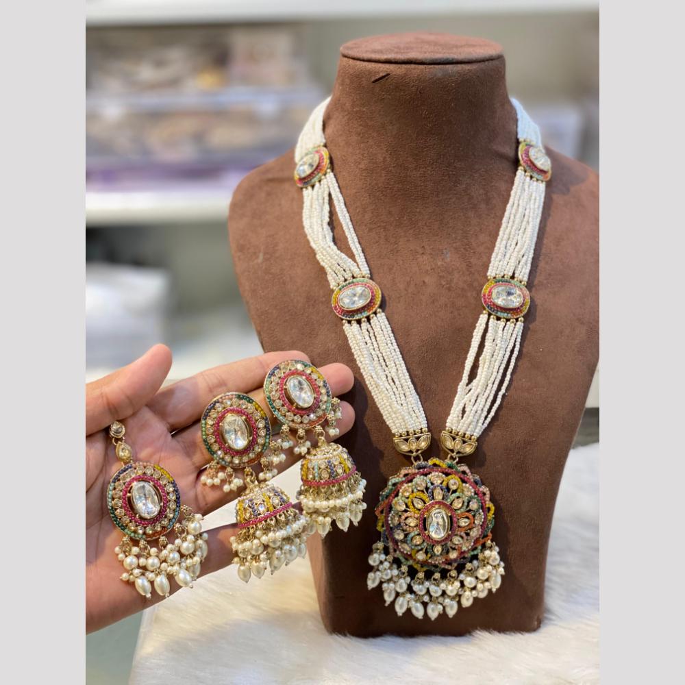 Hira Collections Classic Crystal Stone And Pearl Long Necklace Set