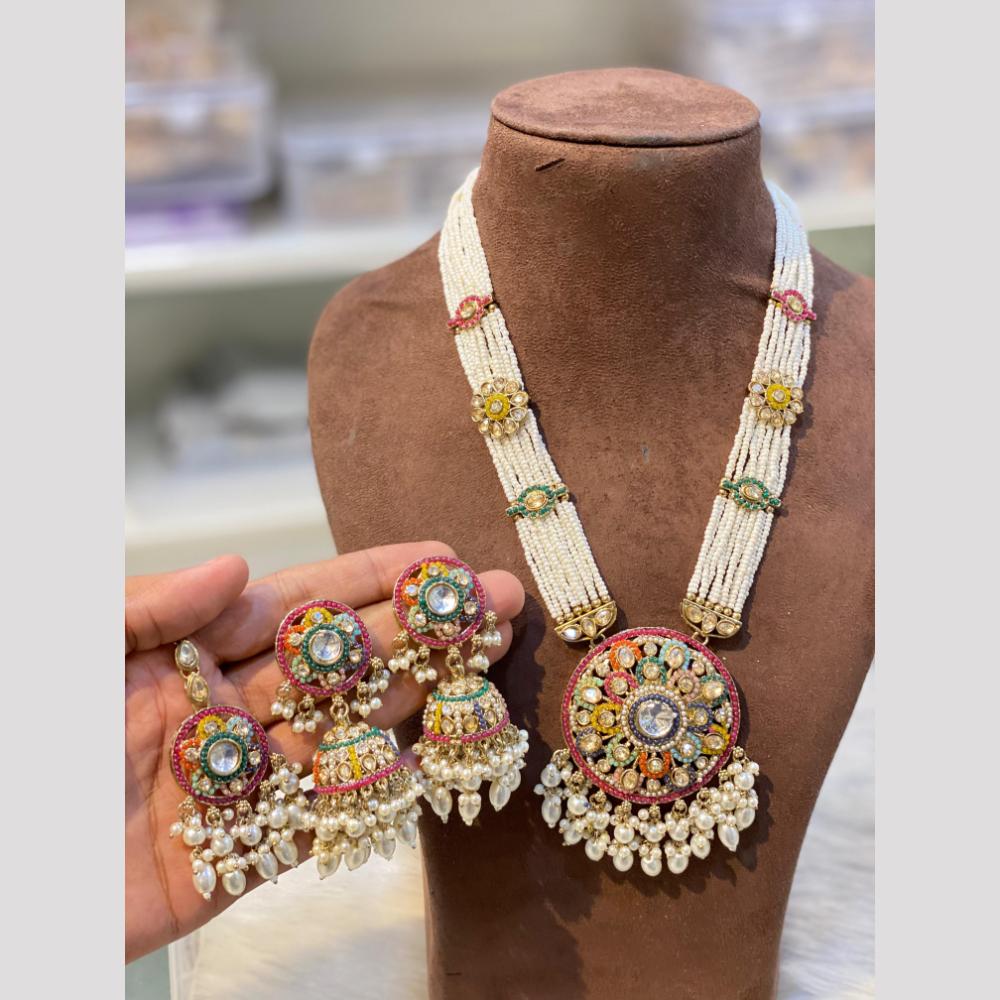 Hira Collections Classic Crystal Stone And Pearl Long Necklace Set