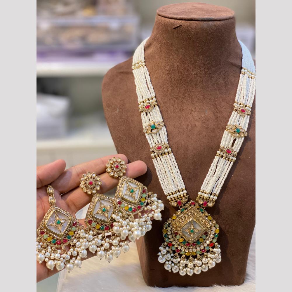 Hira Collections Classic Crystal Stone And Pearl Long Necklace Set