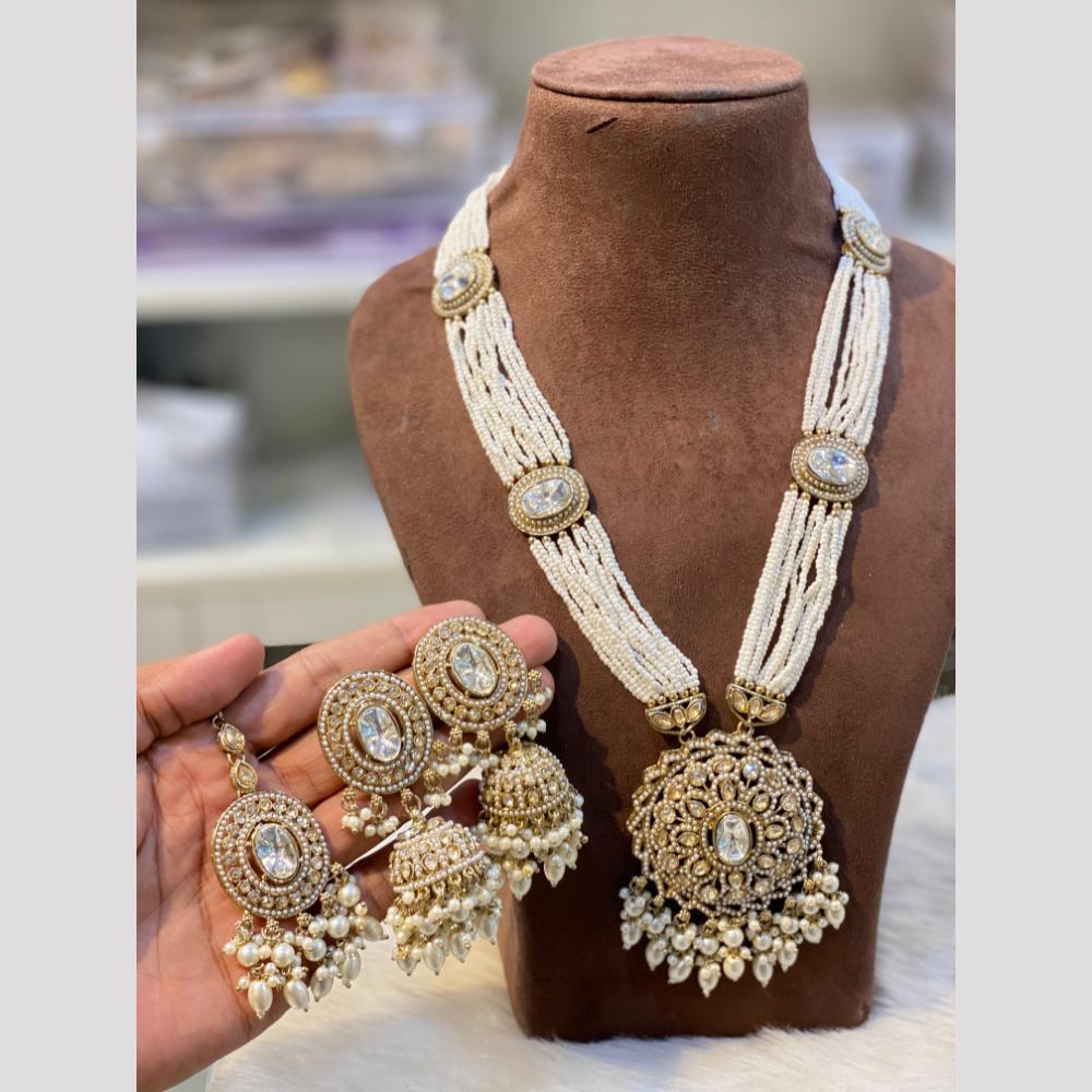 Hira Collections Classic Crystal Stone And Pearl Long Necklace Set