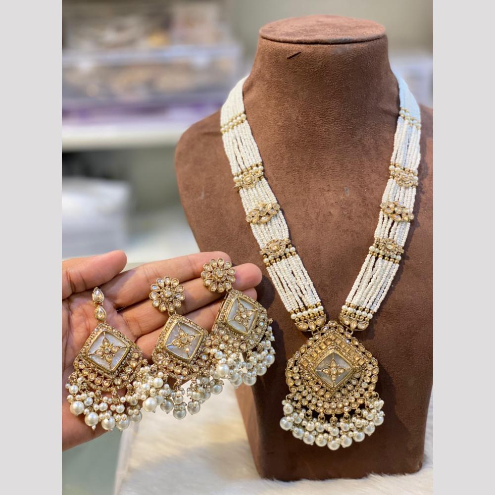 Hira Collections Classic Crystal Stone And Pearl Long Necklace Set