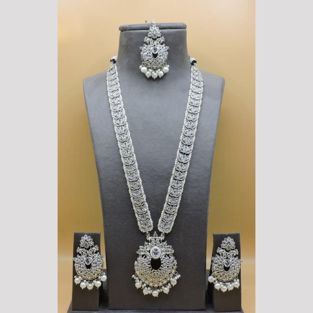 Hira Collections Classic Crystal Stone And Pearl Long Necklace Set