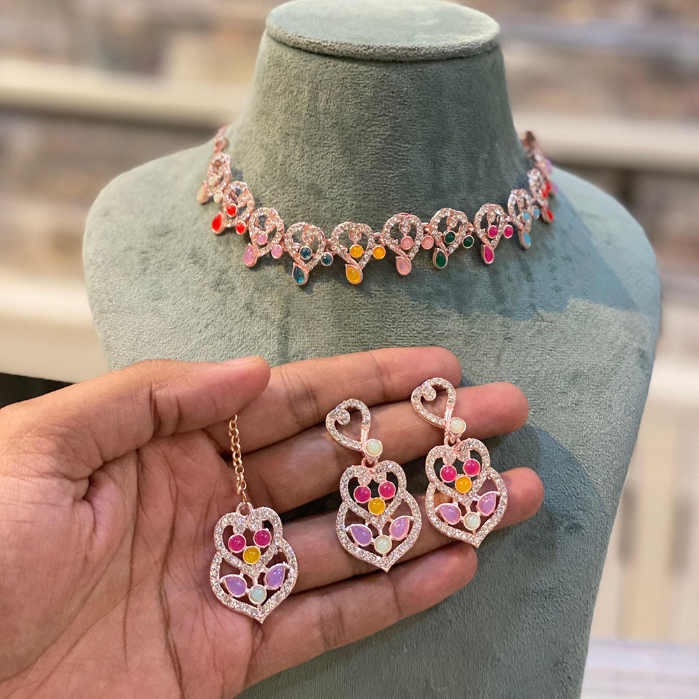 Hira Collection Designer Crystal Stone Necklace Set with Matching Earrings & Maangtikka