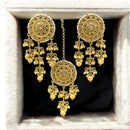 Hira Collections Antique Floral Design Kundan Earrings and Maang Tikka Set with Pearls