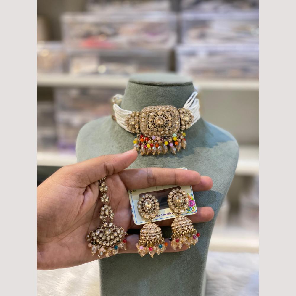 Hira Collections Premium Polki Kundan Choker Necklace Set with Earrings for Festive Wear