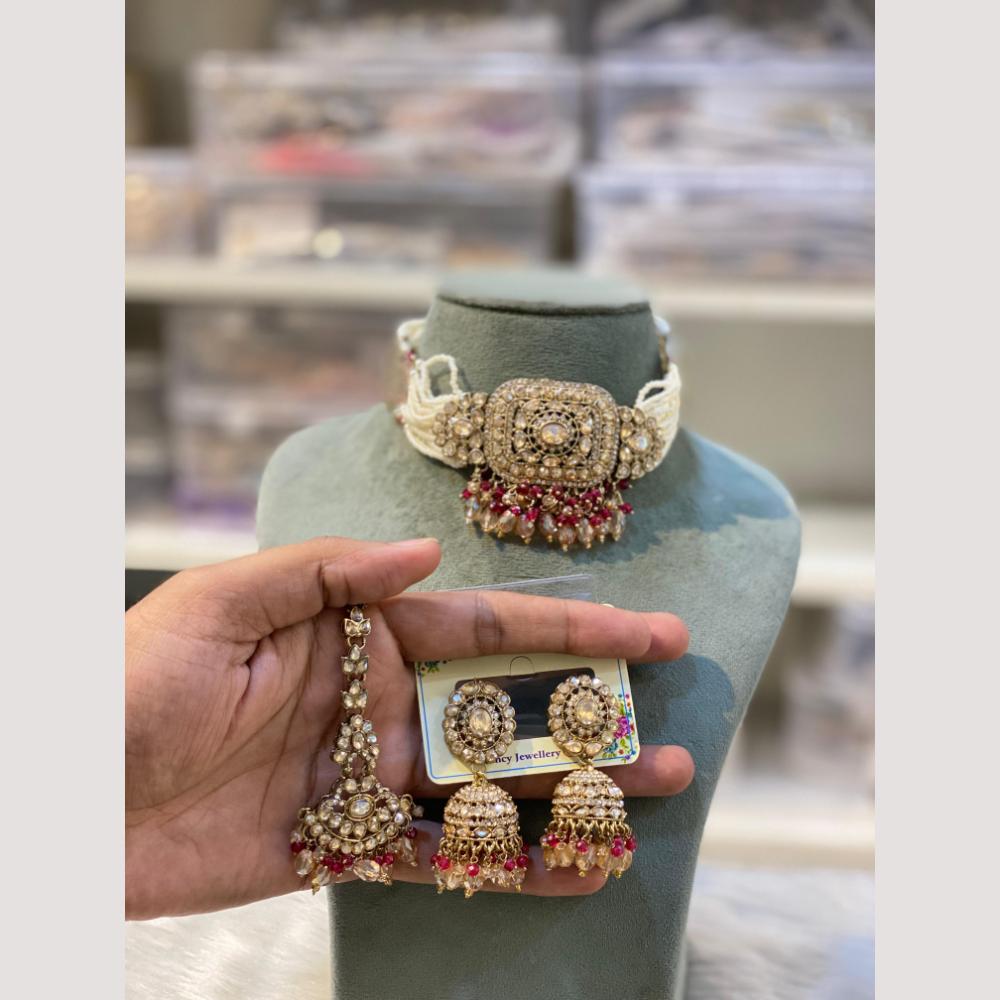 Hira Collections Premium Polki Kundan Choker Necklace Set with Earrings for Festive Wear