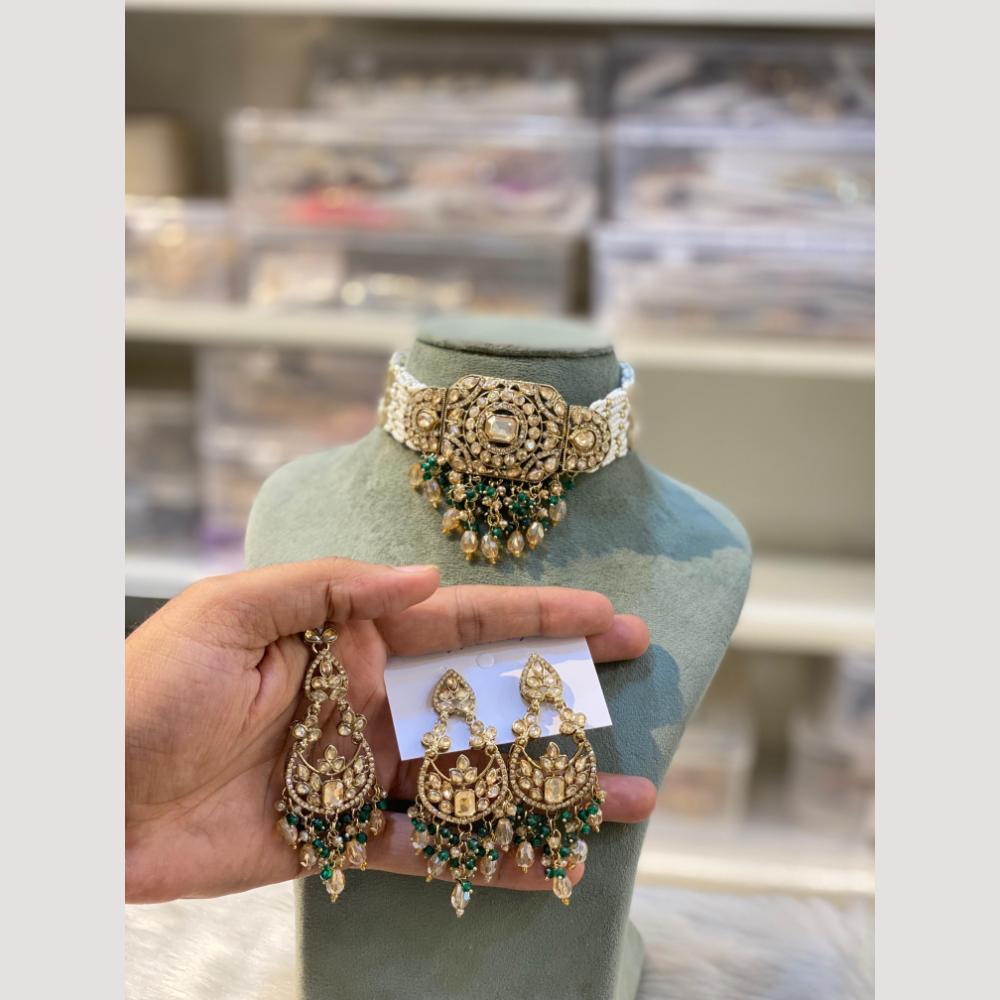 Hira Collections Premium Polki Kundan Choker Necklace Set with Earrings for Festive Wear