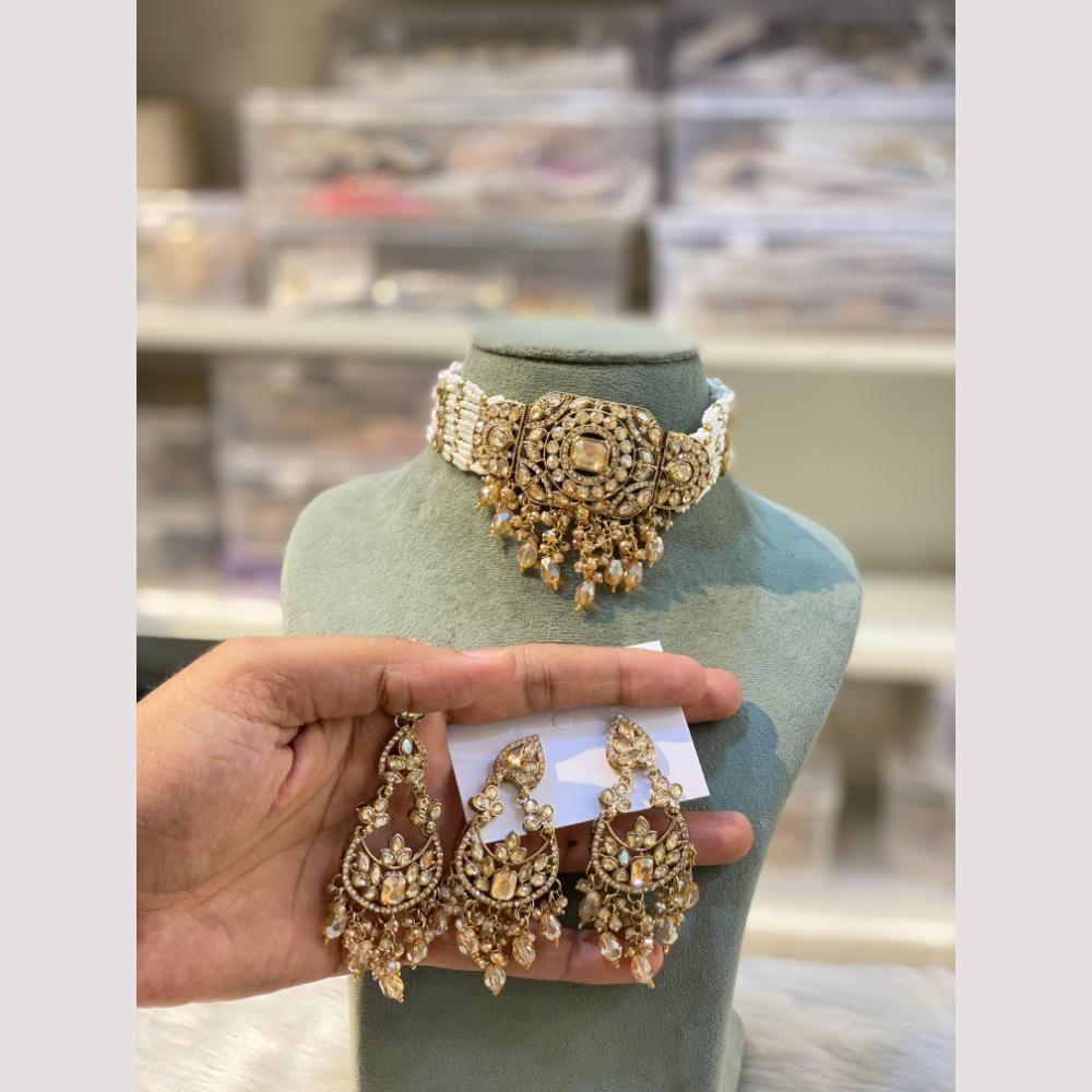 Hira Collections Premium Polki Kundan Choker Necklace Set with Earrings for Festive Wear