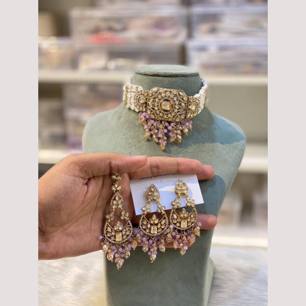 Hira Collections Premium Polki Kundan Choker Necklace Set with Earrings for Festive Wear