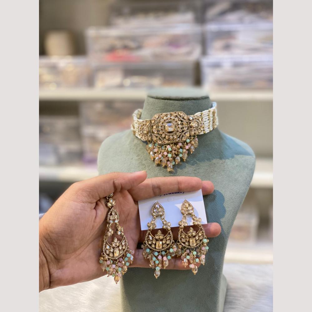 Hira Collections Premium Polki Kundan Choker Necklace Set with Earrings for Festive Wear