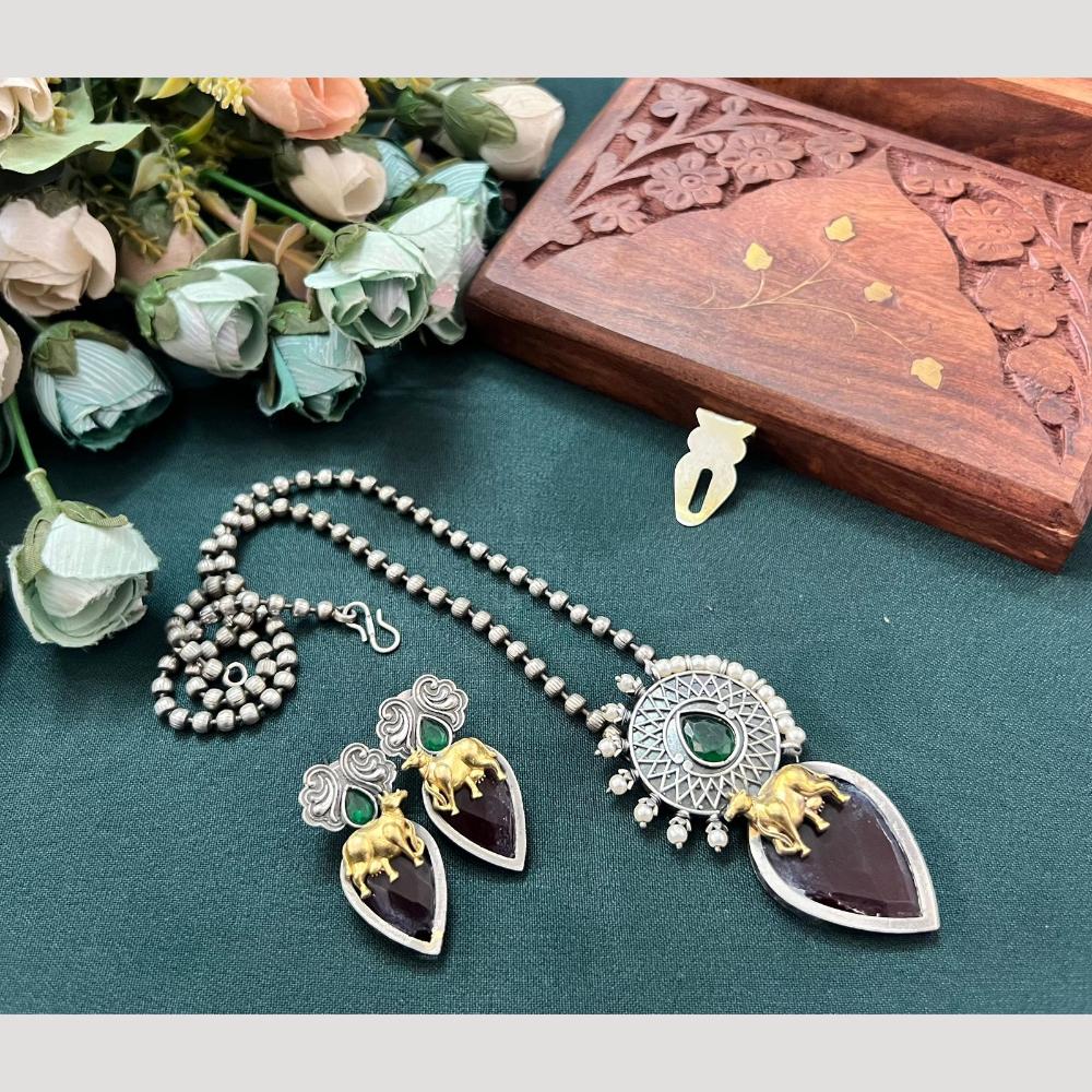 Hira Collections Long Pendant Necklace Set with Nandi Motif for Traditional Look