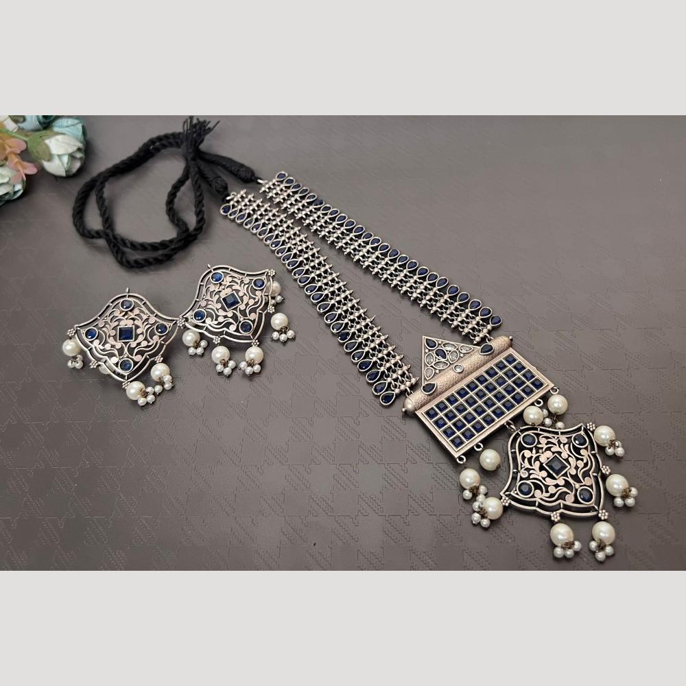 Hira Collections Bold Oxidised Pota Stone Long Necklace Set Perfect Festive Jewelry
