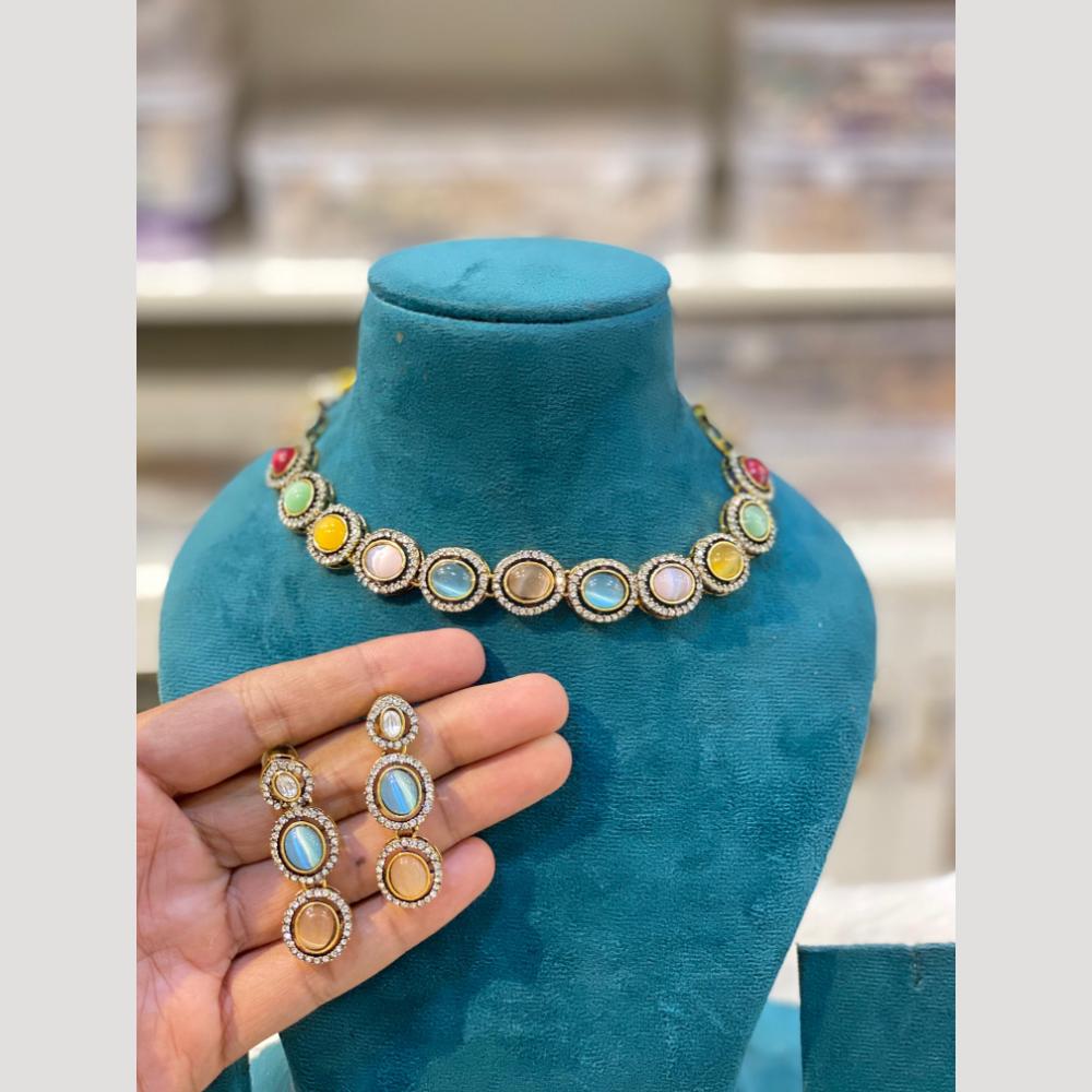 Hira Collections Antique Finish Pota Stone And Austrian Stone Necklace Set