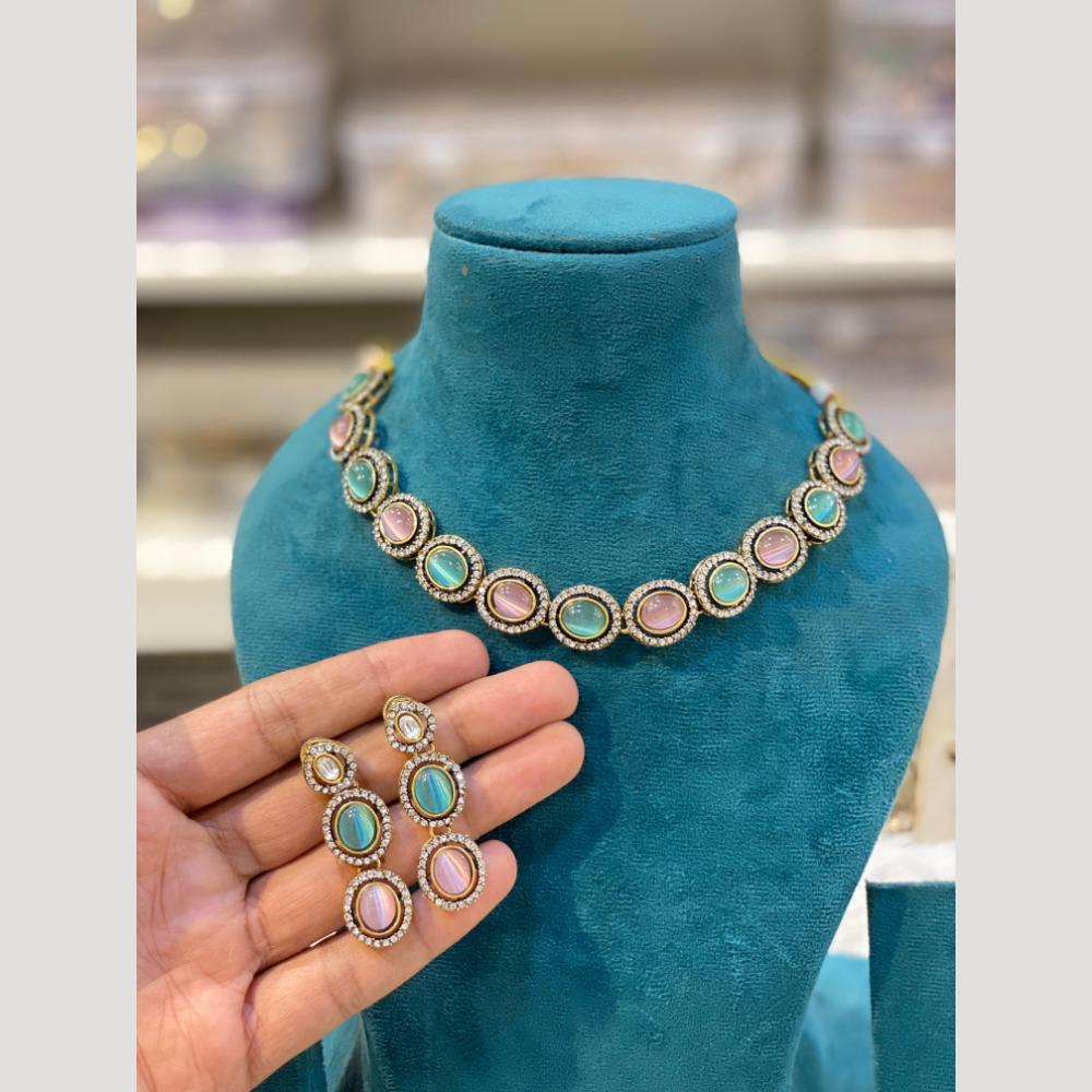Hira Collections Antique Finish Pota Stone And Austrian Stone Necklace Set