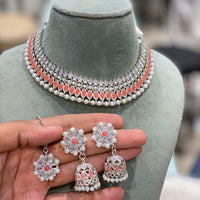 Hira Collection Glamorous Rodium Plated Crystal Stone and Pearl Necklace Set for All Occassions