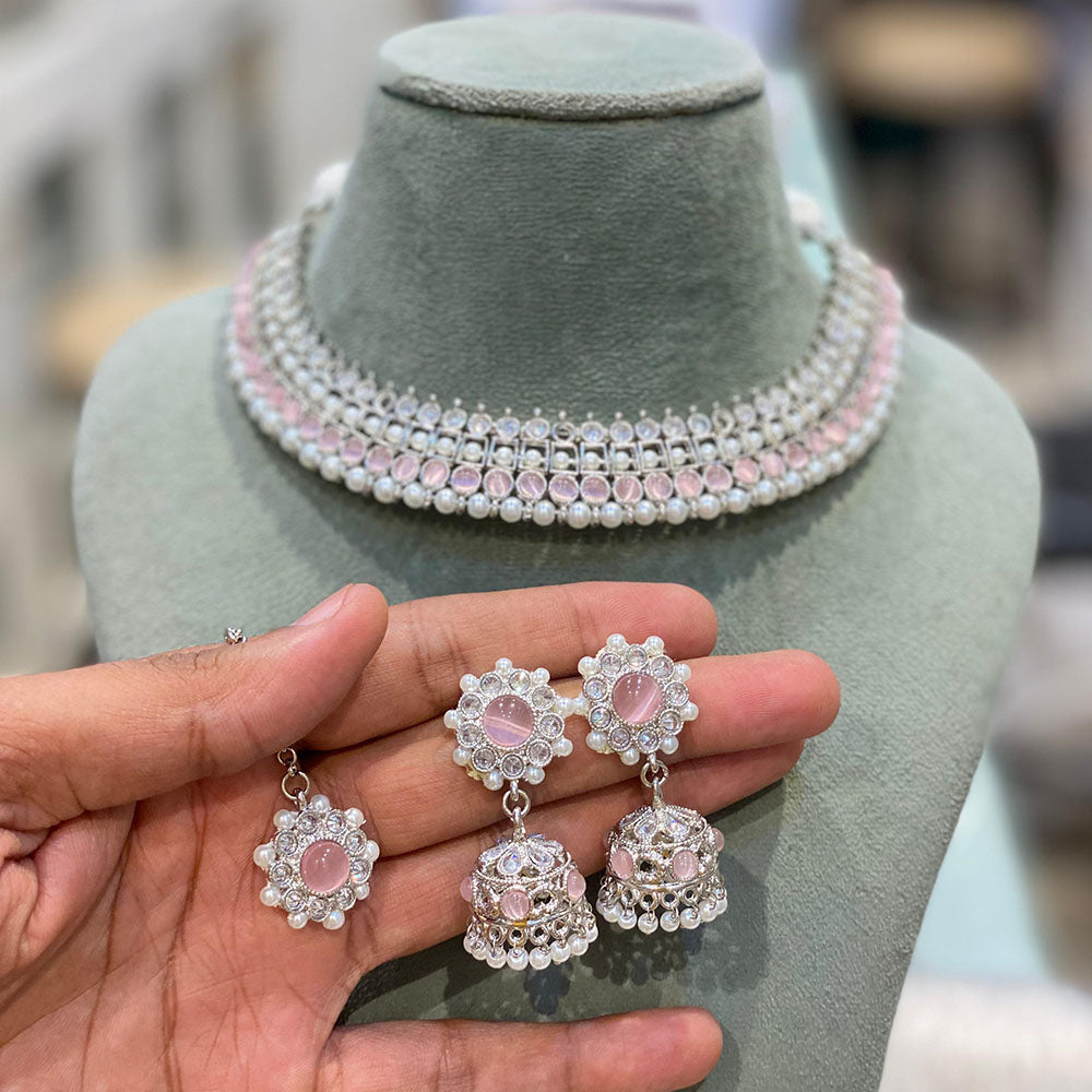 Hira Collection Glamorous Rodium Plated Crystal Stone and Pearl Necklace Set for All Occassions