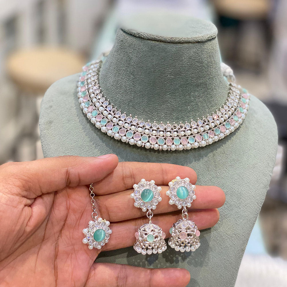 Hira Collection Glamorous Rodium Plated Crystal Stone and Pearl Necklace Set for All Occassions