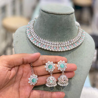 Hira Collection Glamorous Rodium Plated Crystal Stone and Pearl Necklace Set for All Occassions