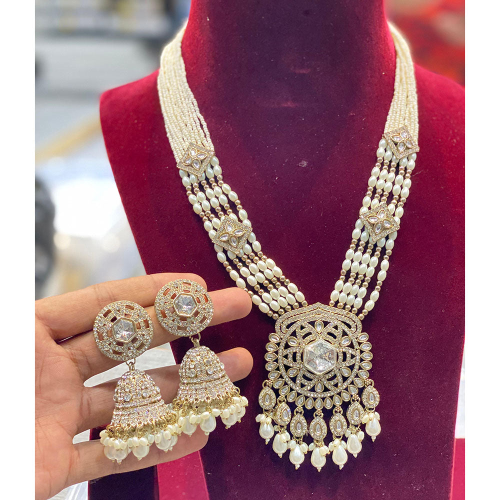 Hira Collection Premium Kundan And Pearl Stone Long Necklace Set For Wedding And Festive Wear