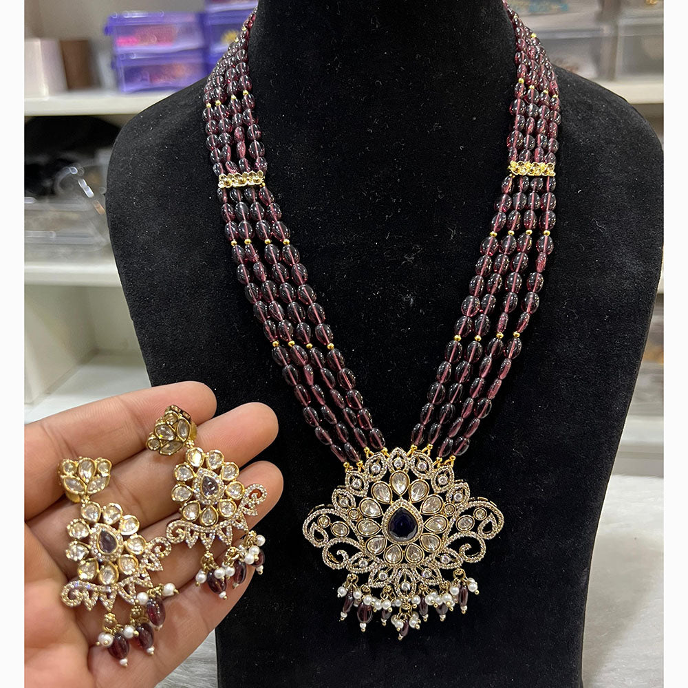Hira Collections Royal Beads and Kundan Pendant Long Necklace Set for Wedding Wear
