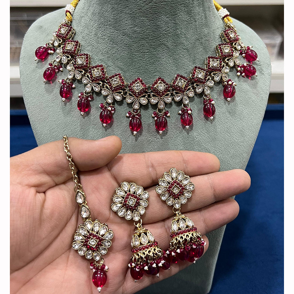 Hira Collections Kundan Stone Embellished Necklace Set with Jhumki Earrings