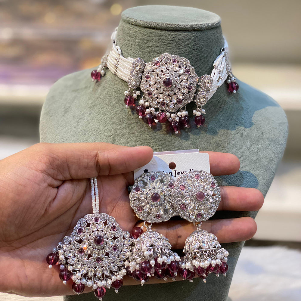 Hira Collections Designer Choker Necklace Set with Earrings and Mangtikka