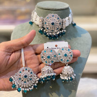 Hira Collections Designer Choker Necklace Set with Earrings and Mangtikka