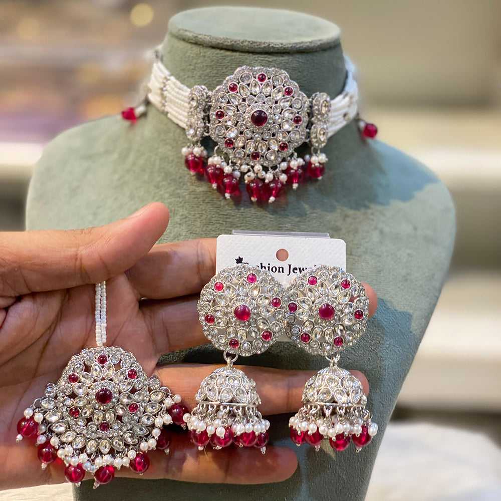 Hira Collections Designer Choker Necklace Set with Earrings and Mangtikka