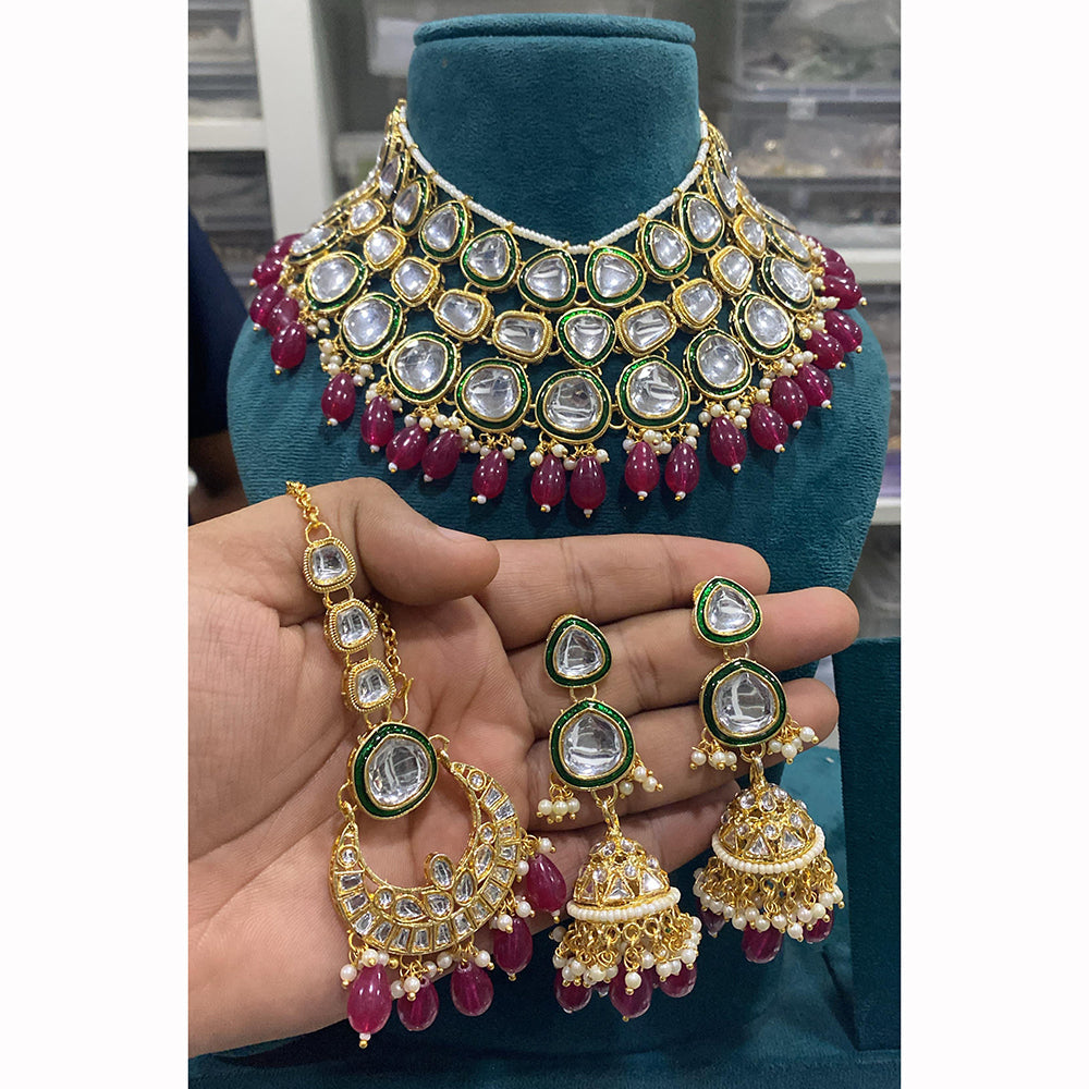 Hira Collections Maharani Kundan Necklace Set with Chandbali and Jhumkis
