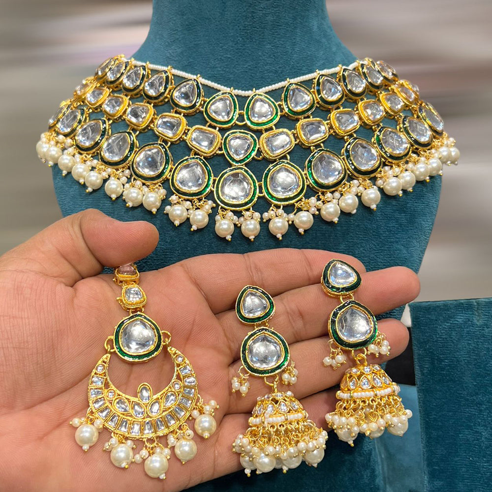 Hira Collections Maharani Kundan Necklace Set with Chandbali and Jhumkis
