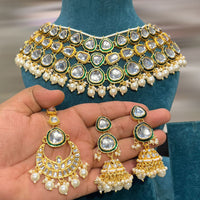 Hira Collections Maharani Kundan Necklace Set with Chandbali and Jhumkis