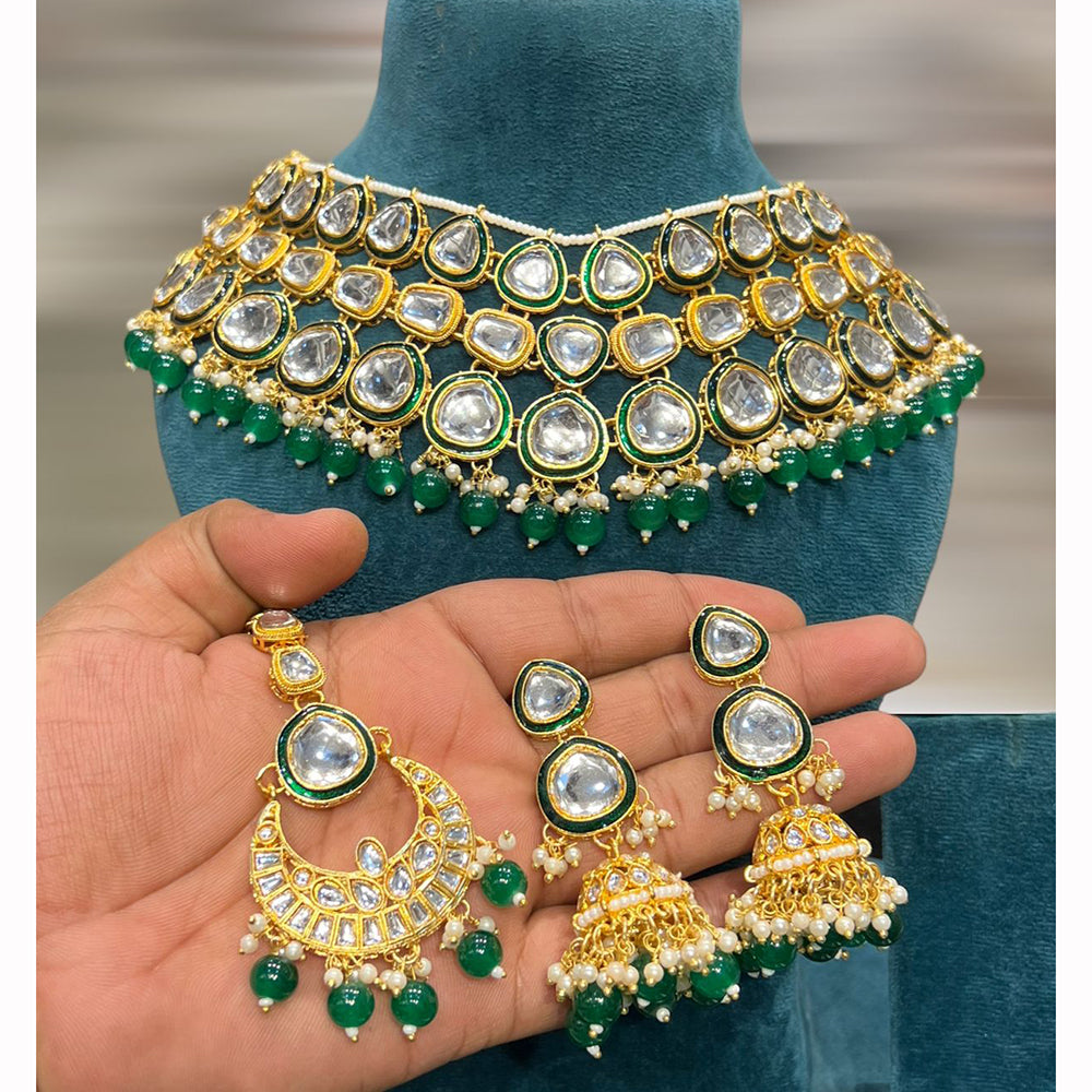 Hira Collections Maharani Kundan Necklace Set with Chandbali and Jhumkis