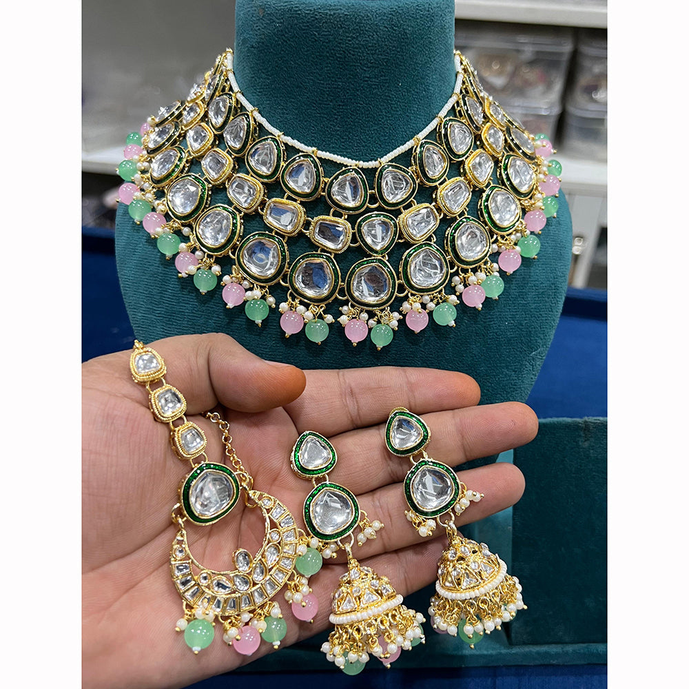 Hira Collections Maharani Kundan Necklace Set with Chandbali and Jhumkis