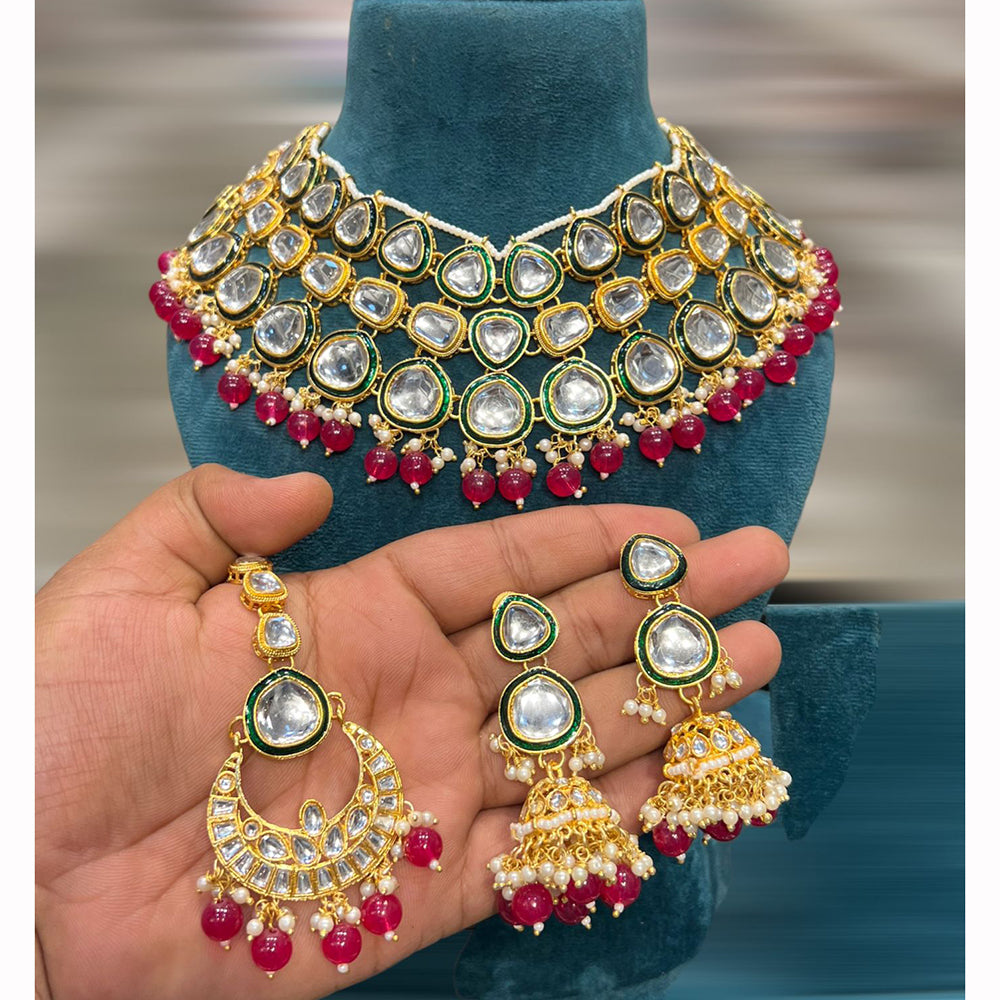 Hira Collections Maharani Kundan Necklace Set with Chandbali and Jhumkis