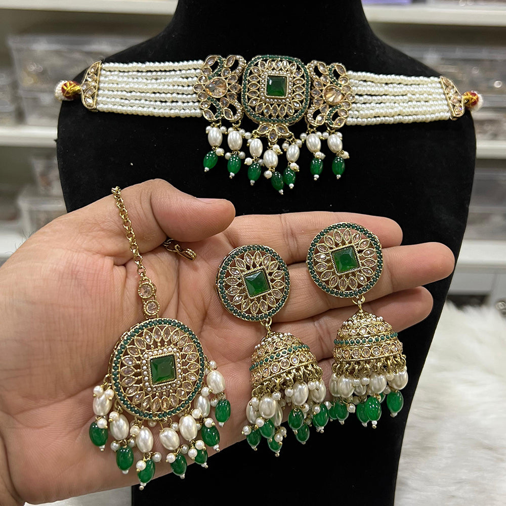 Hira Collections Pearl Strand Choker Necklace Set with Circular Detailing