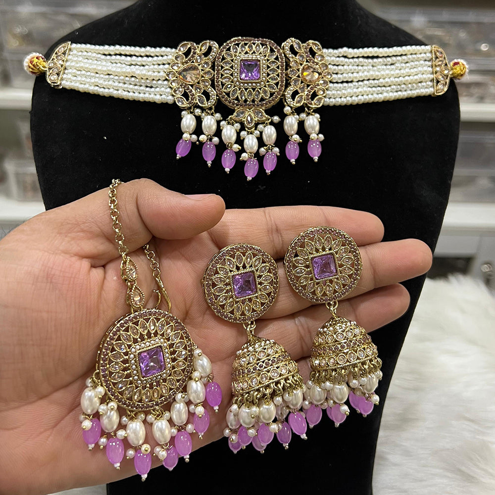 Hira Collections Pearl Strand Choker Necklace Set with Circular Detailing