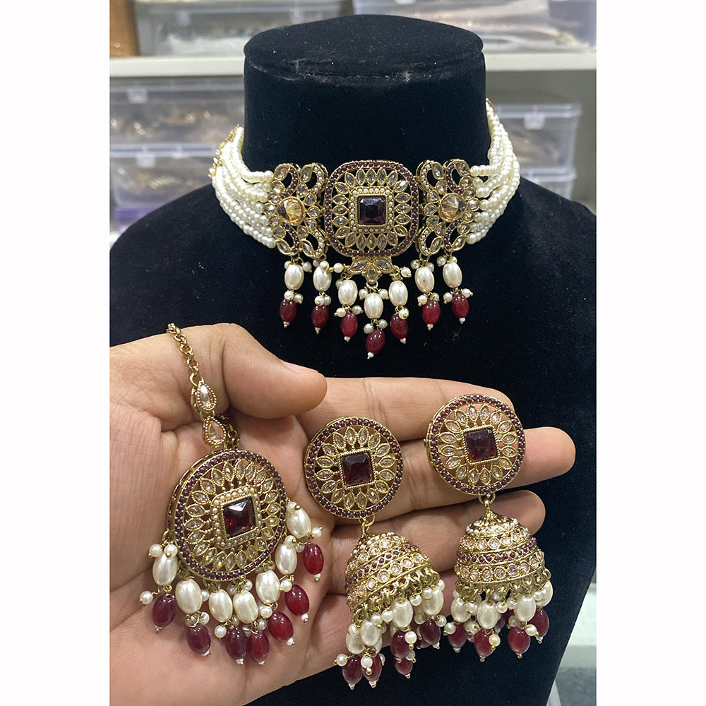 Hira Collections Pearl Strand Choker Necklace Set with Circular Detailing