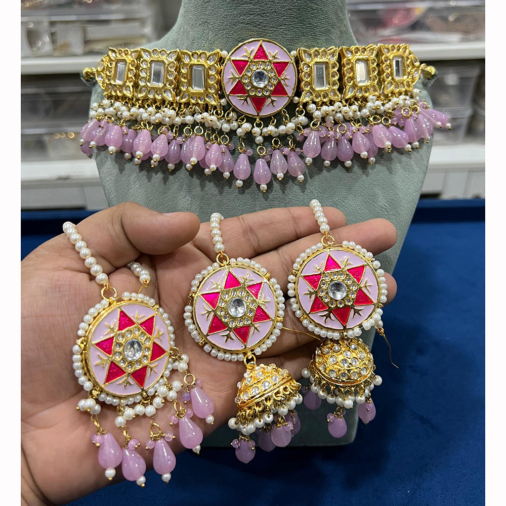 Hira Collections Geometric Enamel Choker Set with Round Earrings