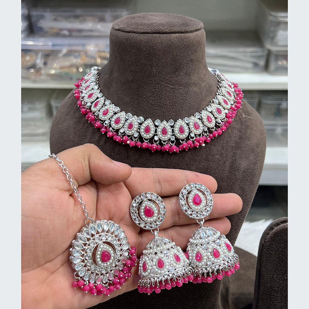 Hira Collections Designer Rhodium Finish Pota and Pearl Necklace Set