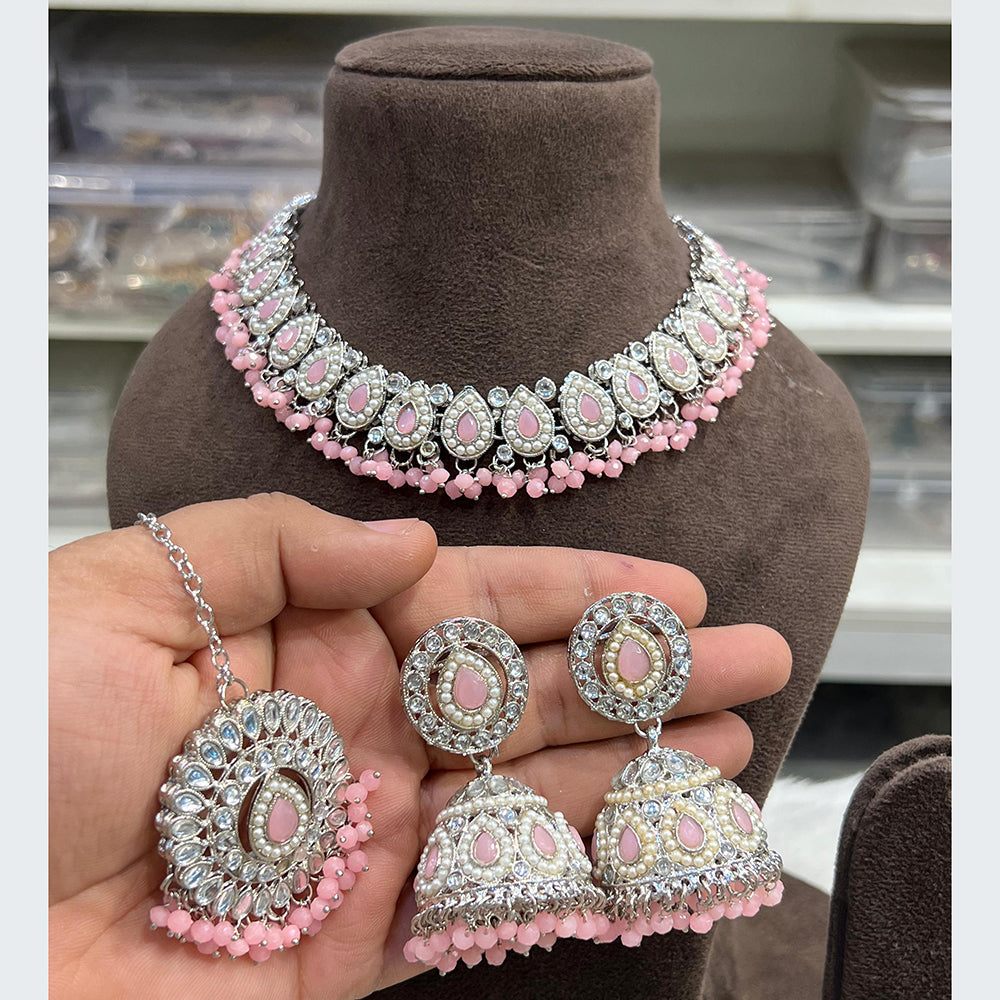 Hira Collections Designer Rhodium Finish Pota and Pearl Necklace Set
