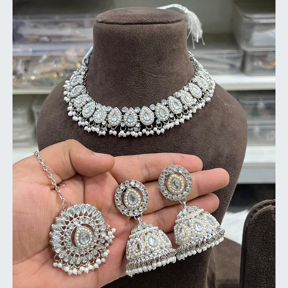 Hira Collections Designer Rhodium Finish Pota and Pearl Necklace Set