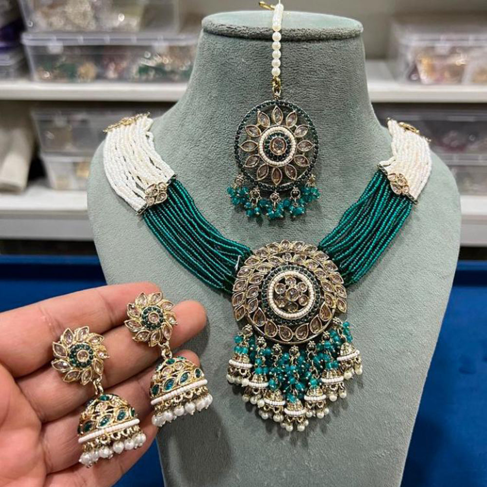 Hira Collections Contemporary Crystal And Multi-Layer Pearl Statement Necklace Set
