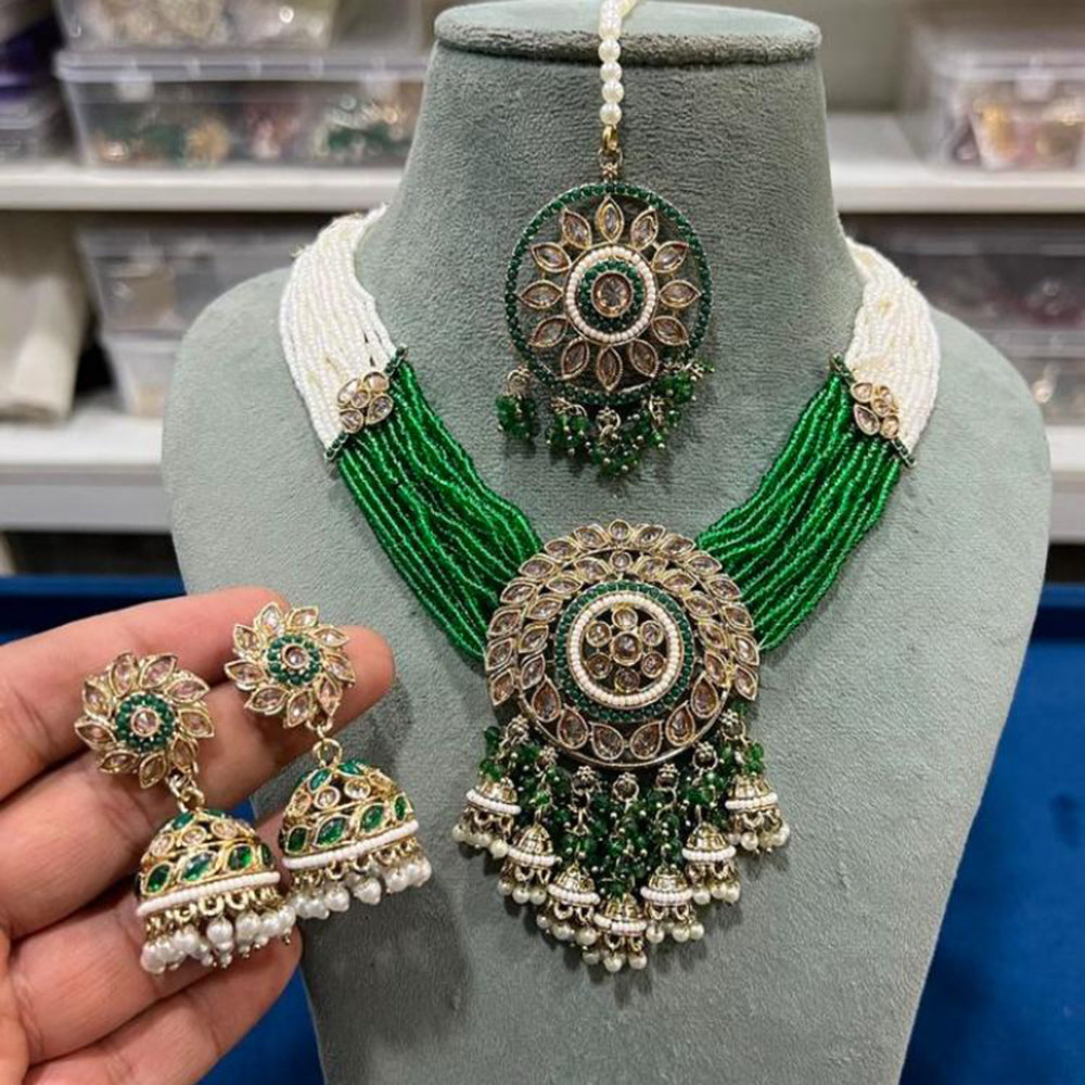 Hira Collections Contemporary Crystal And Multi-Layer Pearl Statement Necklace Set