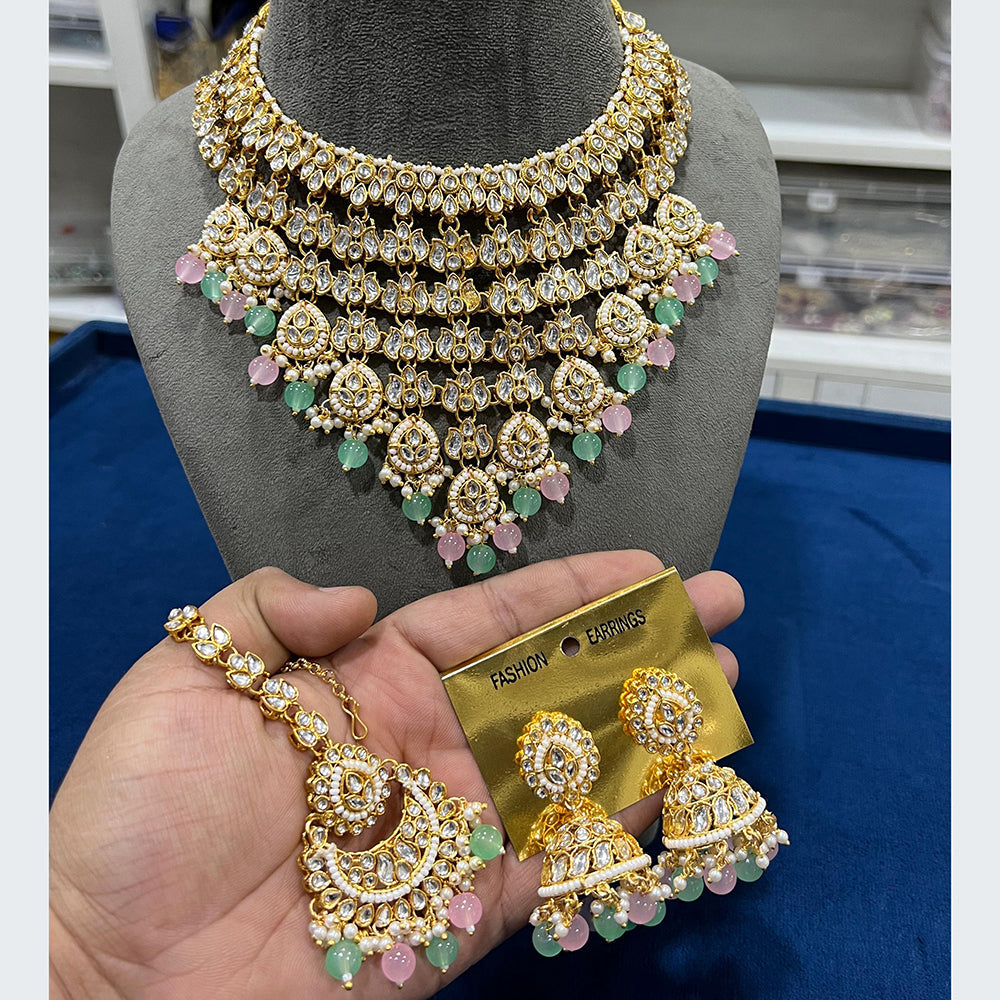 Hira Collections Royal Multi-Layer Of Kundan Pearl And Beads Choker Necklace Set
