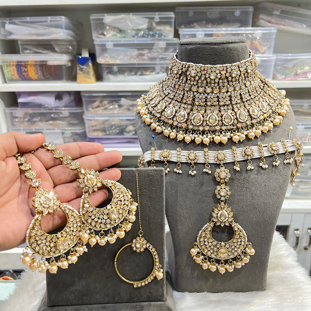 Hira Collections Glamorous Crystal Stone And Pearl Beads Semi Bridal Necklace Set