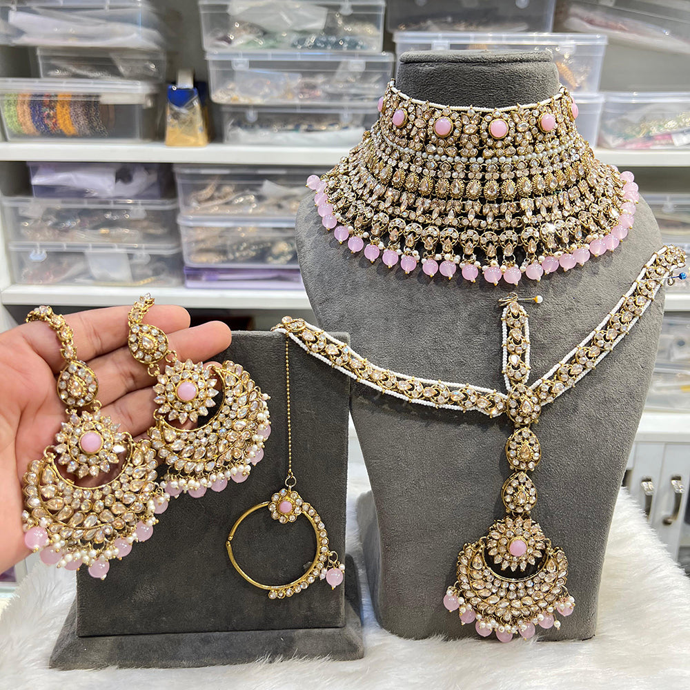 Hira Collections Glamorous Crystal Stone And Pearl Beads Semi Bridal Necklace Set