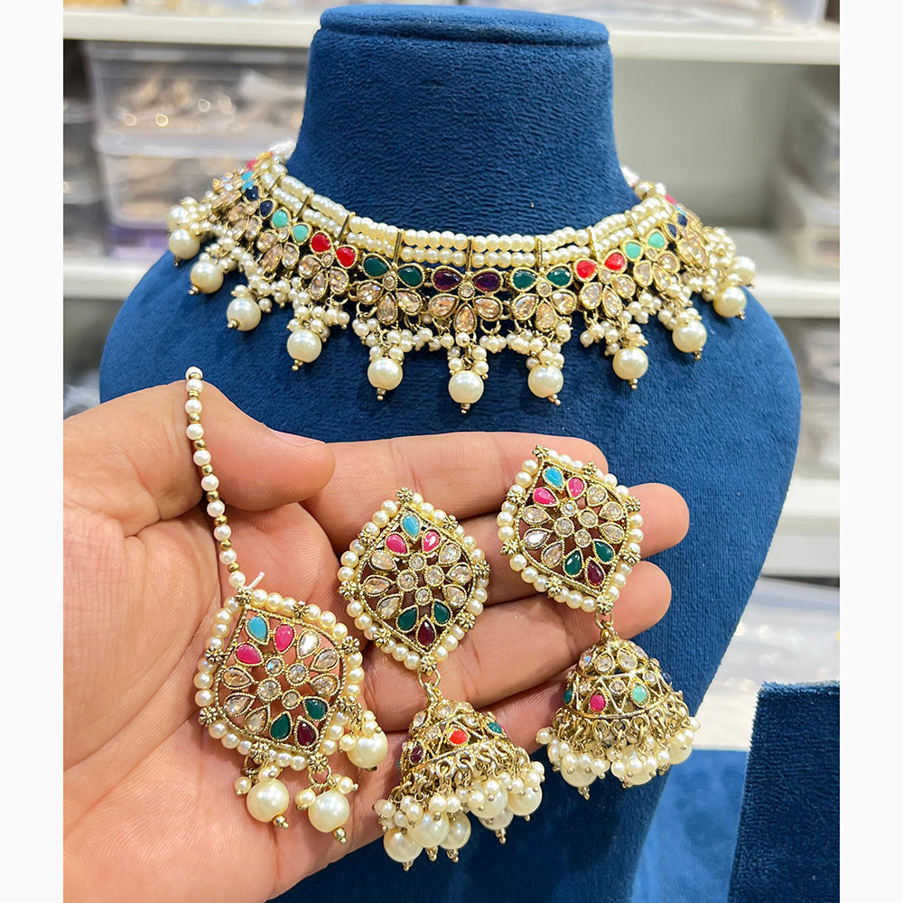 Hira Collections Royal Crystal Stone Beads And Pearl Necklace Set