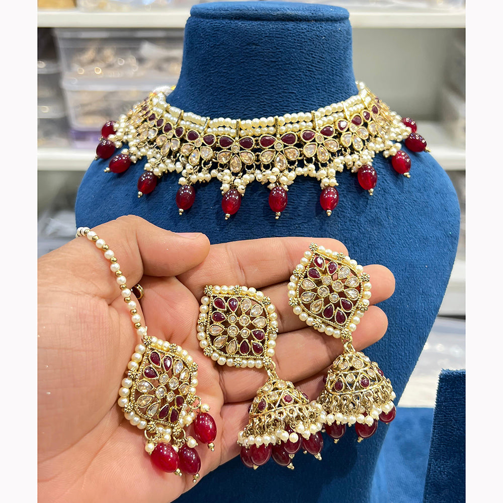 Hira Collections Royal Crystal Stone Beads And Pearl Necklace Set